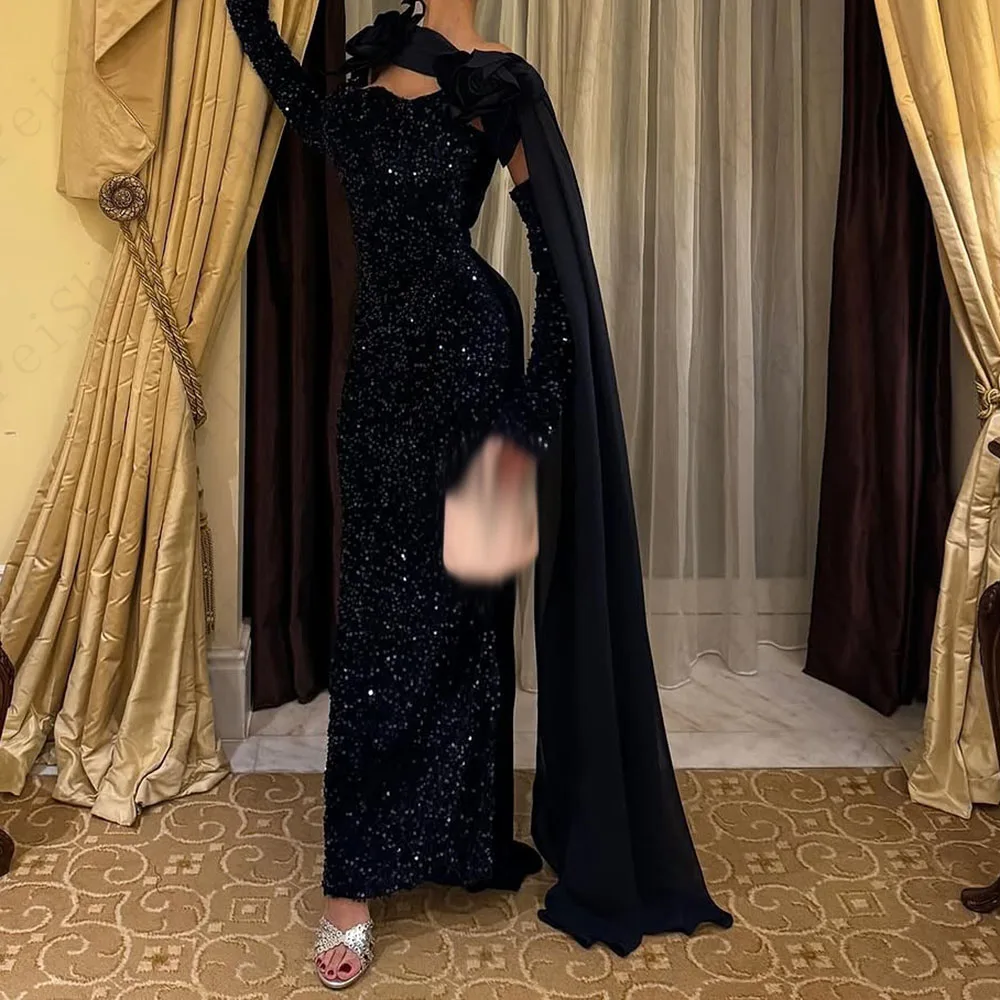 

Customized Straight Prom Dresses Floor-Length Off The Shoulder Full Sleeve Evening Gown Fashion Sequined Flowers Party Gown