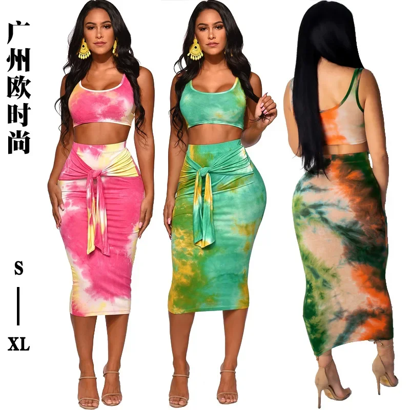 

WEIN-Tie Dye Crop Top and Skirt Set for Women, Elegant Bodycon Skirt, Wholesale Items for Boutique, Two-Piece Outfits