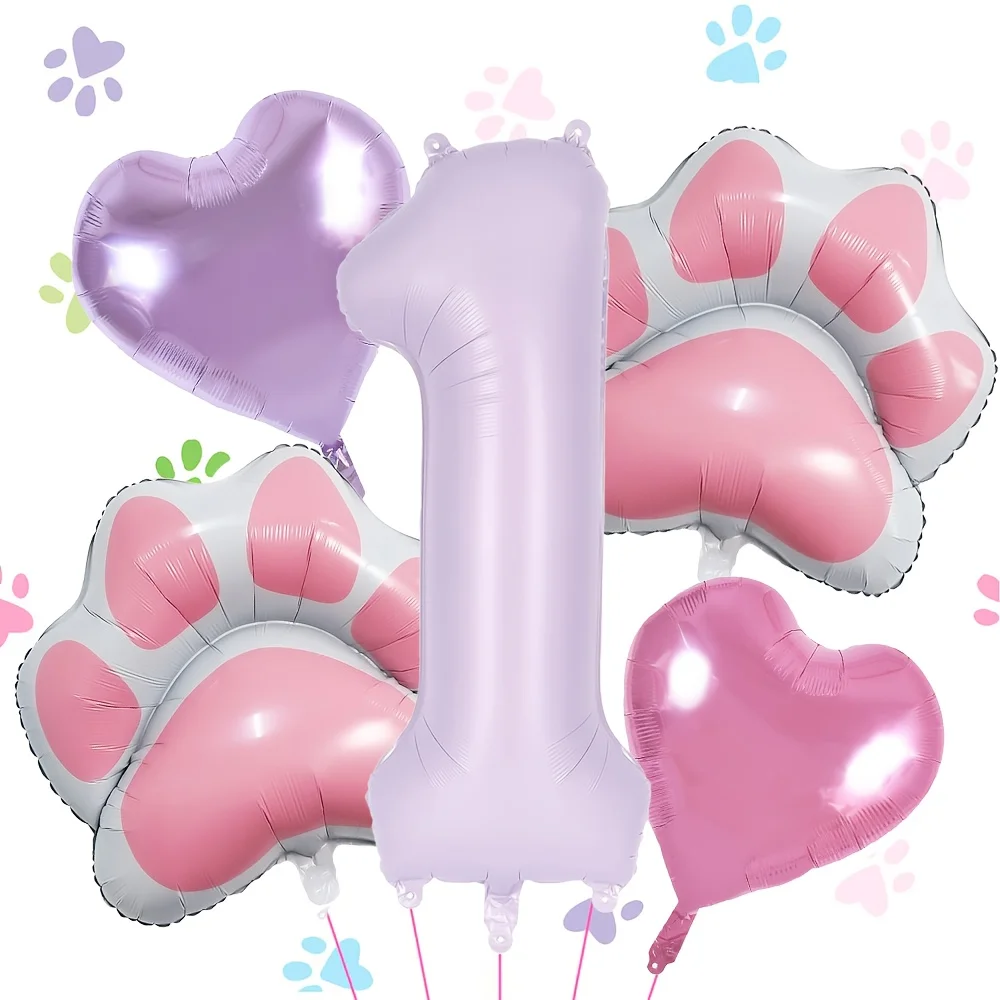 5pcs Animal Let's Pawty Dog Cat Paw Aluminum Balloon 40 inch Purple Number Birthday Party Decoration Balloon Baby Shower