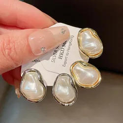Geometric Irregular Round Metal Pearl Earrings for Women Minimalist Style Personality Earrings Jewelry Gift