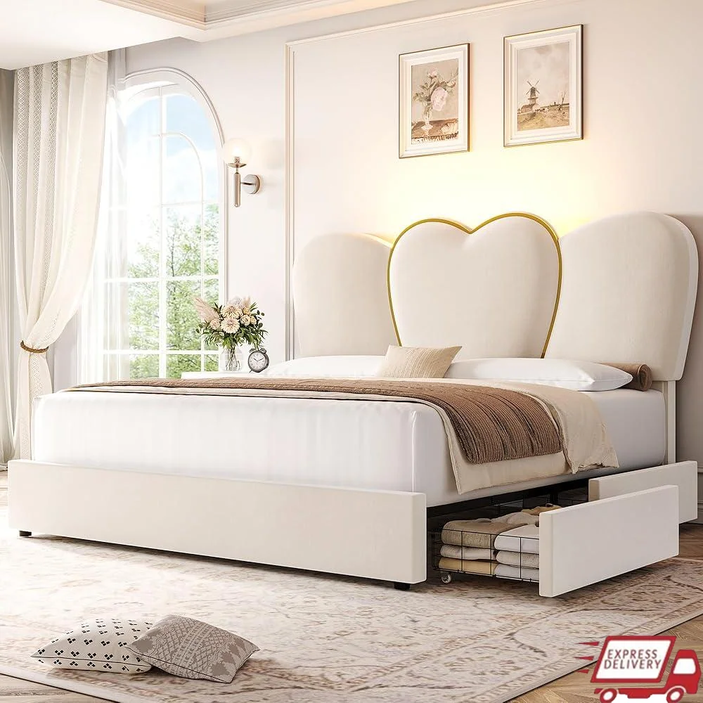 

Queen LED Bed Frame with Heart Shaped Headboard 4 Storage Drawers Modern Velvet Upholstered Platform Bed Sturdy Noise-Free