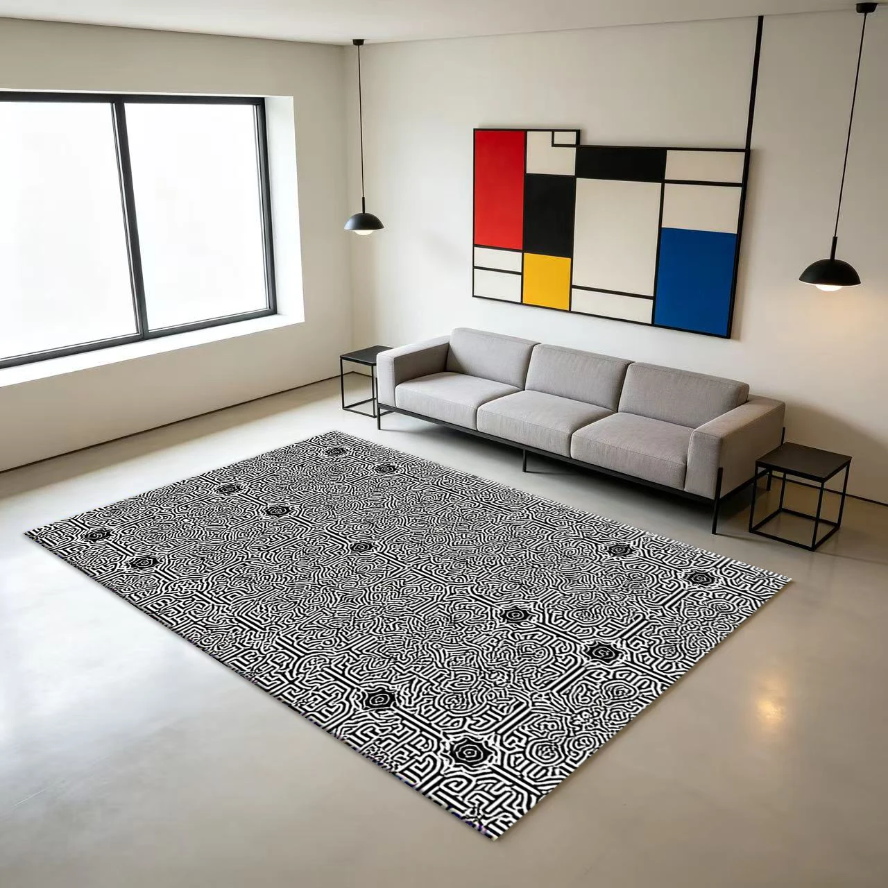 Black and White Complex Ethnic Maze Pattern Carpet, Abstract Pattern Printed Carpet, Non-Slip Floor Mat Suitable for Living Room Home Interior Decoration