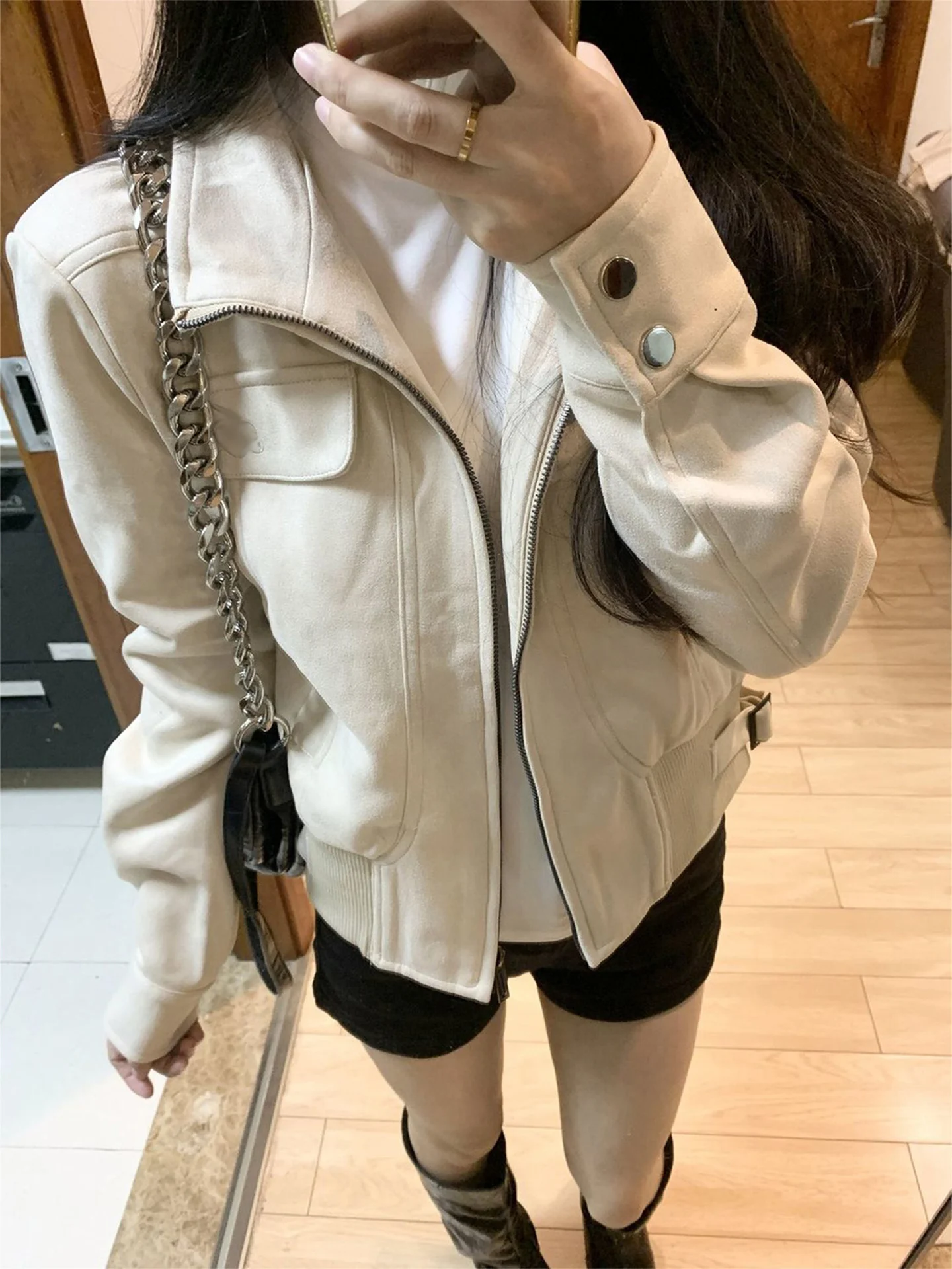 Retro American Suede Jacket Women's Fashion Slim Fit Motorcycle Jacket Spring Autumn Cute  Size Ladies Premium Short Coat
