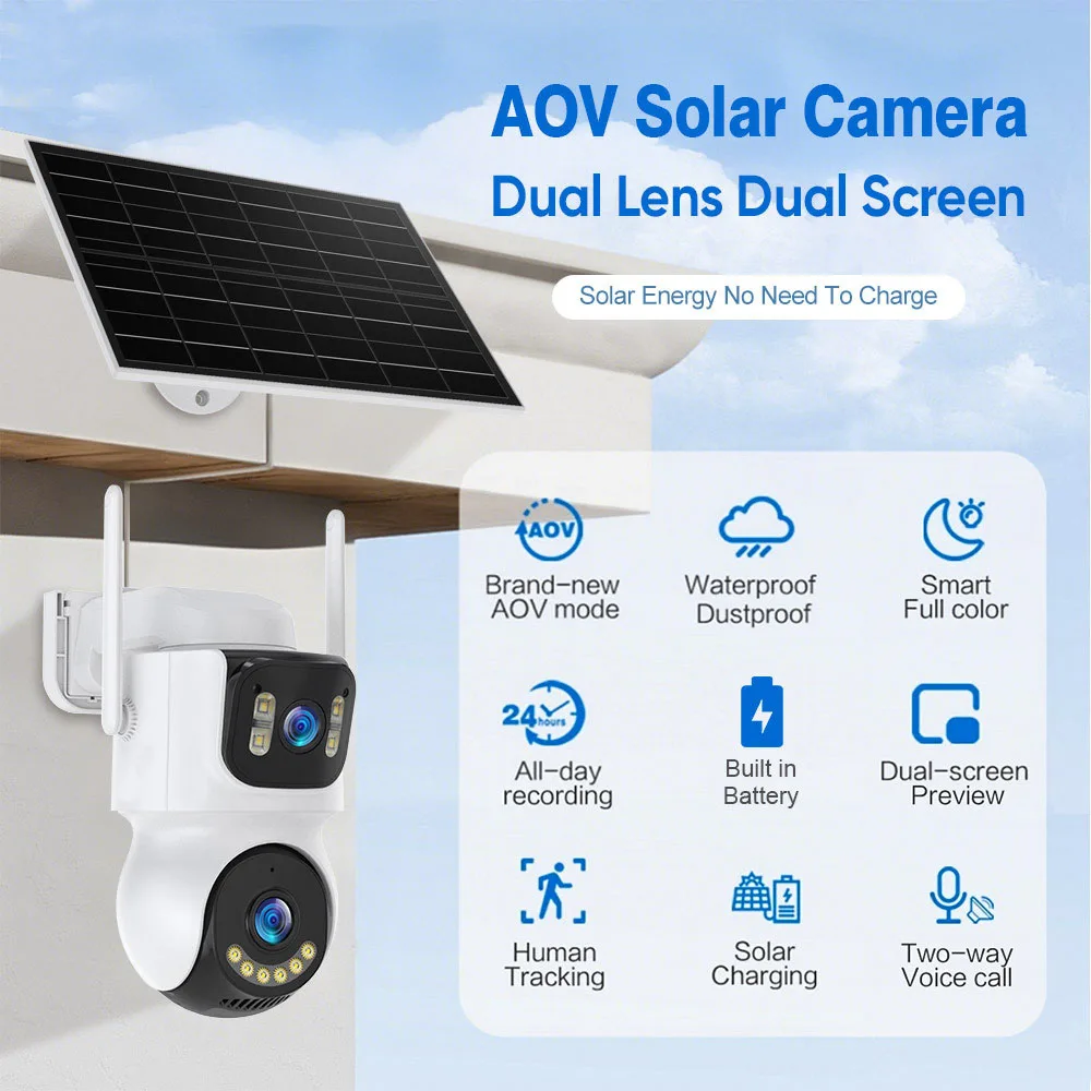 4G LTE AOV كاميرا تعمل بالطاقة الشمسية 8MP شاشة مزدوجة في الهواء الطلق 10X التكبير كاميرا الأمن عدسة مزدوجة 24/7 تسجيل الفيديو تتبع السيارات ICsee #3