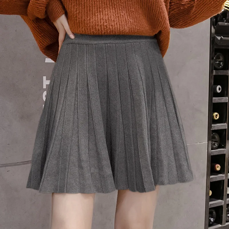 Autumn and Winter Women's Elastic High Waist Solid Screw Thread Shirring Folds Sweater Knit Mini Dress Fashion Casual Skirt