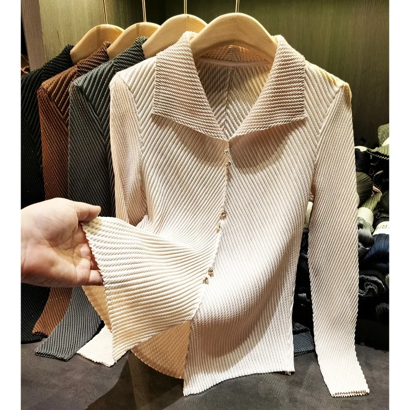 

Miyake Pleated T-shirt 2026 New Women's Lapel Peplum Long Sleeve Top Diamond Sequins Design Simple Commuter Stretch Clothing