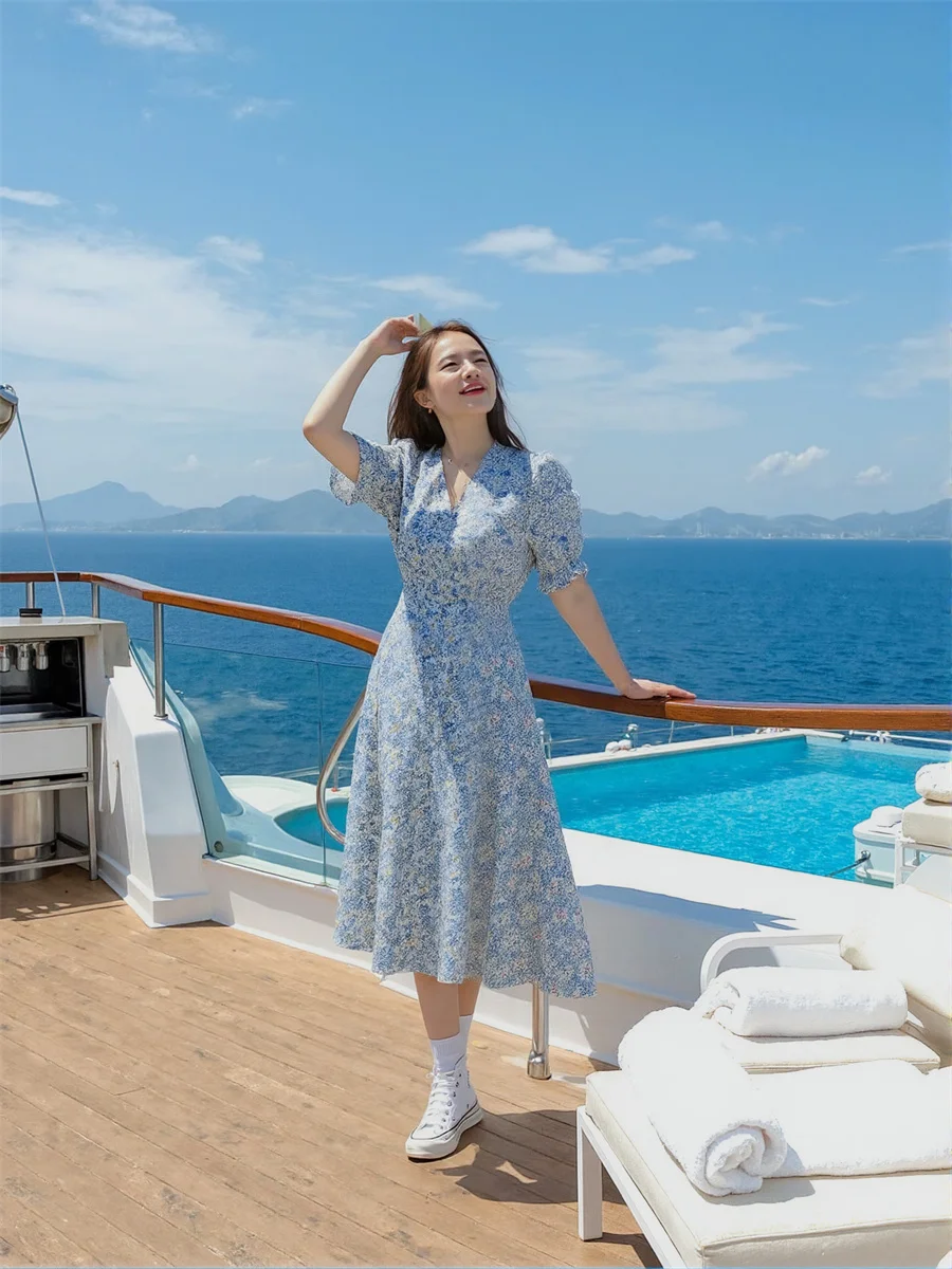 Vestidos Curtos com Mangas Bufantes e Estampa Floral para Mulheres, Vestido Mini de Primavera, Vestido de Formatura Boêmio com Camadas e Laços, Meio Aberto e Volumoso