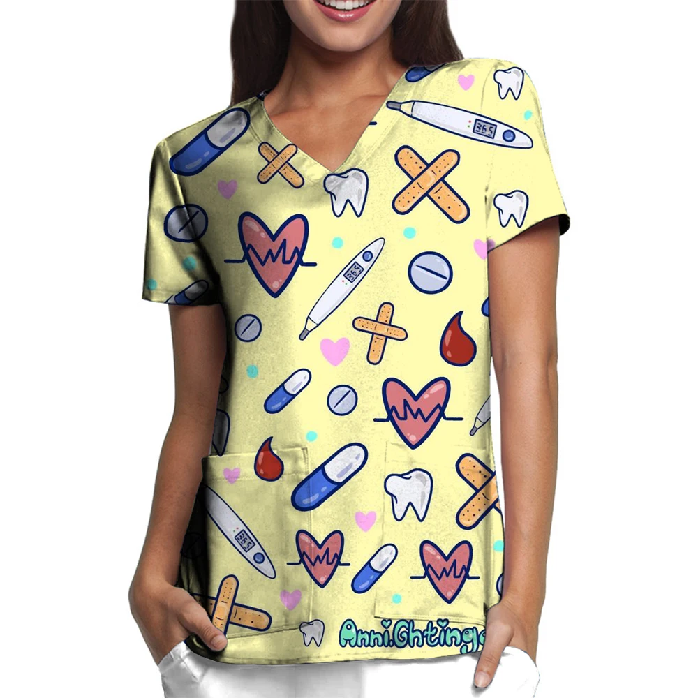 Women's Scrub Tops Teeth Printed Nurse doctor Nursing Uniform Dentist Vet Clinic Surgical Blouse medical T-shirt Women  ﻿