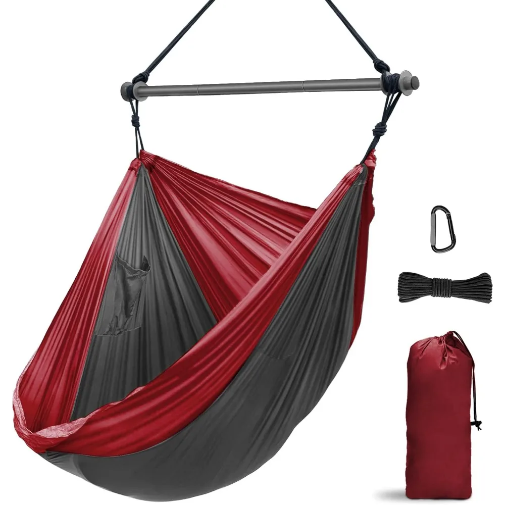 

Hammock Chair, Portable Large Hanging Rope Swing - Lightweight Nylon Parachute -Max 500 Lbs - Detachable Metal Support Bar