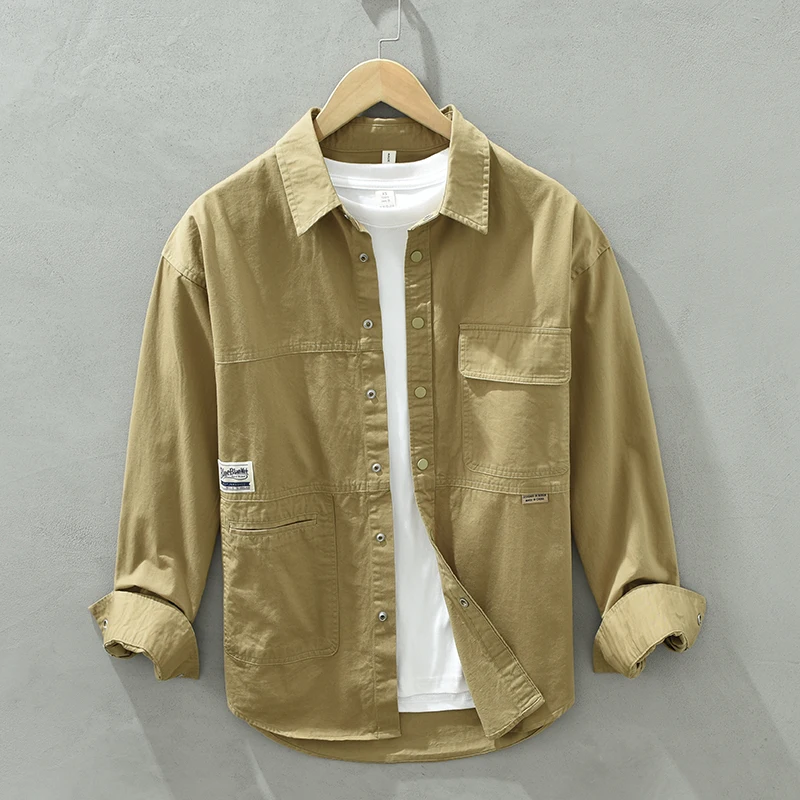 

Весенне-осенние новые повседневные мужские рубашки-карго с длинными рукавами из чистого хлопка, свободные литературные художественные трендовые универсальные топы