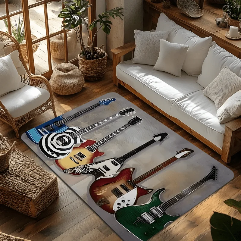 Electric Guitar Flannel Rug Rock Music Theme Floor Mat Soft Non-slip Area Carpet for Living Room Bedroom Home Decor
