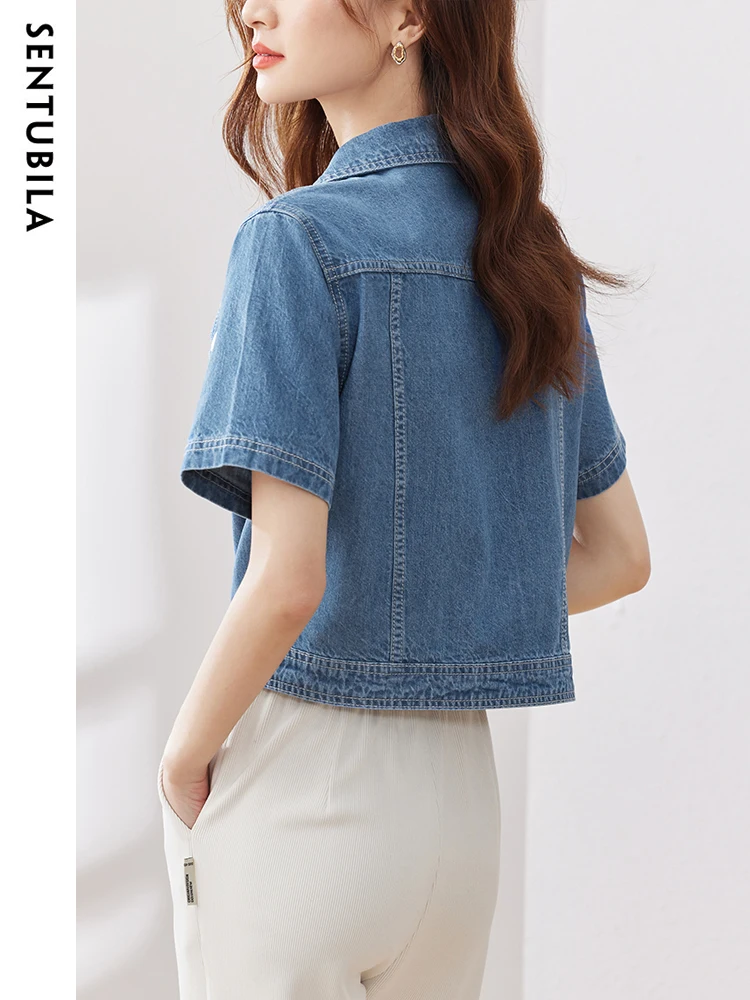 SENTUBILA Crop Denim Jacket for Women 2024 Summer New Short Sleeve Lapel Loose Washed Jean Jacket Short Outwear Tops W32W49665