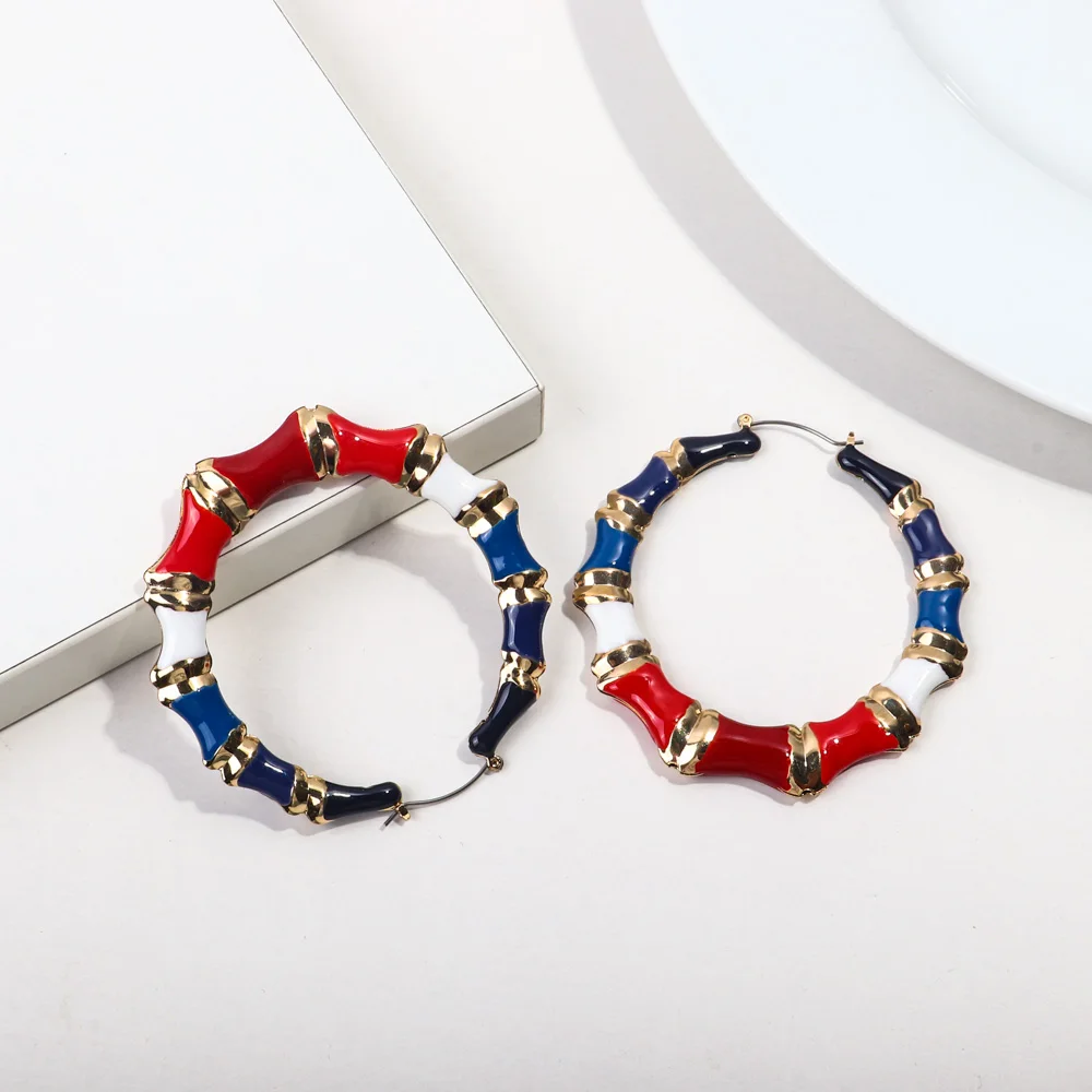 New Large Colorful Enamel Bamboo Hoop Earrings for Women Exaggerated Geometric Big Round Circle Earring Hoops Hip Hop Jewelry