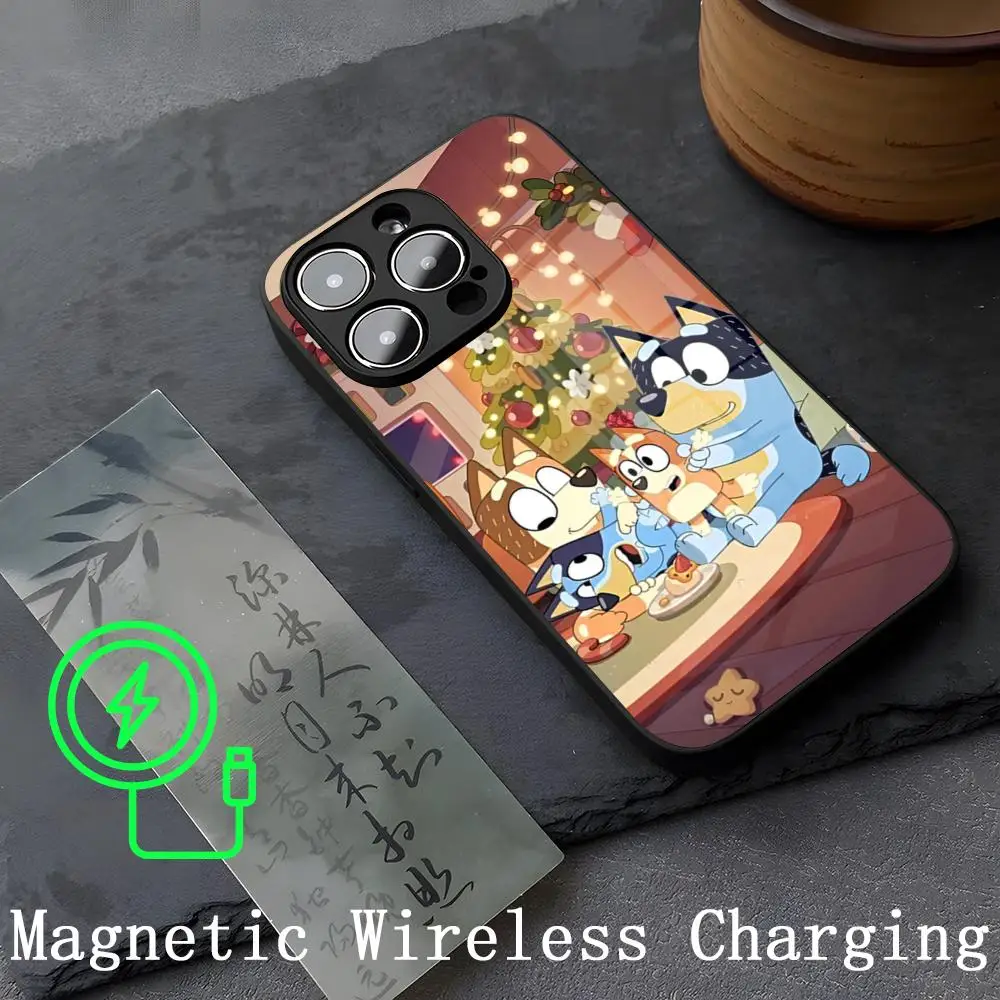 B-BlueyS Cute Cartoon Phone Case Strong Magnetism Glass For iPhone 14ProMax 16 13 12 15 11 Pro XS Max Plus Mini Cover