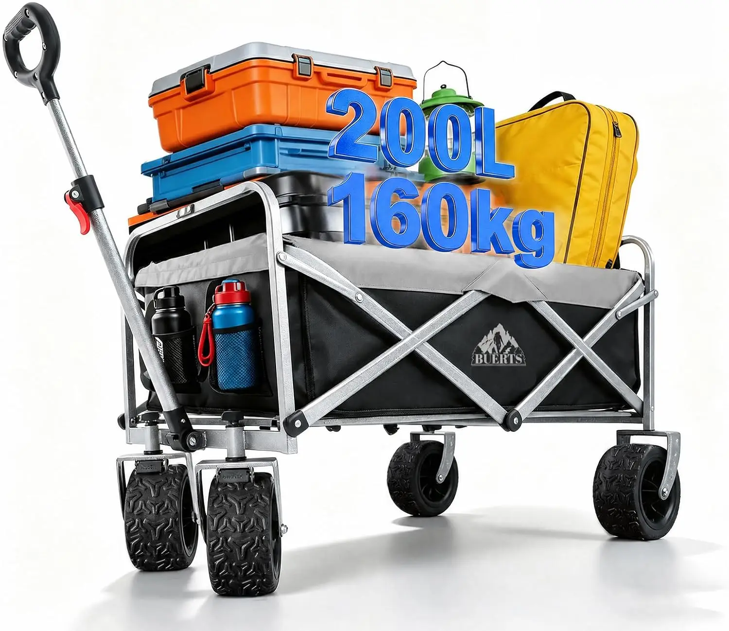 Heavy Duty Collapsible Folding Wagon Cart with Wheels, Portable All-Terrain Beach Trolley, 360° Rotating Adjustable Handle, Camping Utility Cart for Outdoor Sports and Garden