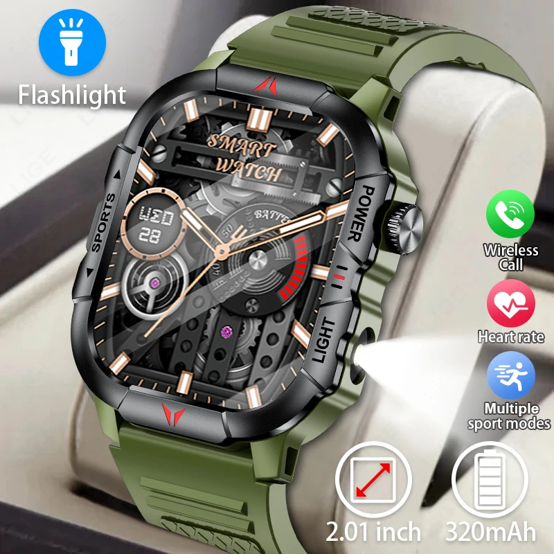 LIGE Smart Watch LED Flashlight Men Waterproof Watches 2.01-inch HD Screen Health Bracelet Military Outdoor Sport Smartwatch Man