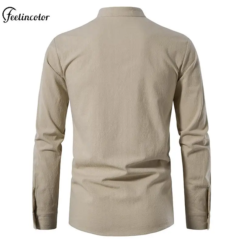 Vintage Men's Cotton Linen Henry Shirt Hippie Casual Long Sleeve Shirt Medieval Stand Collar T-shirt Crisscross Straps Male Tops