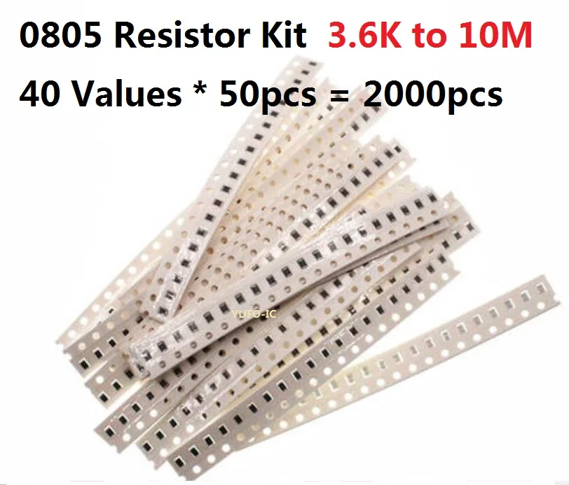 40 Values*50pcs=2000pcs SMD 0805 Resistor Kit 3.6K Ohm-10M 5% Resistance Assorted Kit Set 4.7K 10K 100K 150K 470K 1M Chips Pack