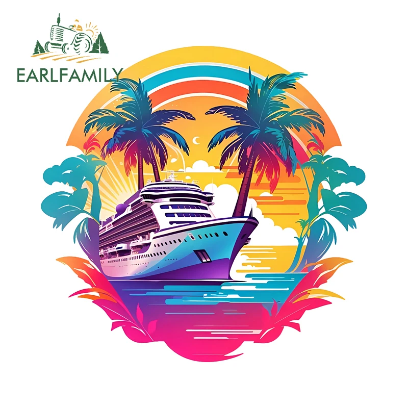 EARLFAMILY Colorful Coconut Trees And Boats Car Stickers Attractive Bumper Window Decals Creative ATV Accesorios Para Auto