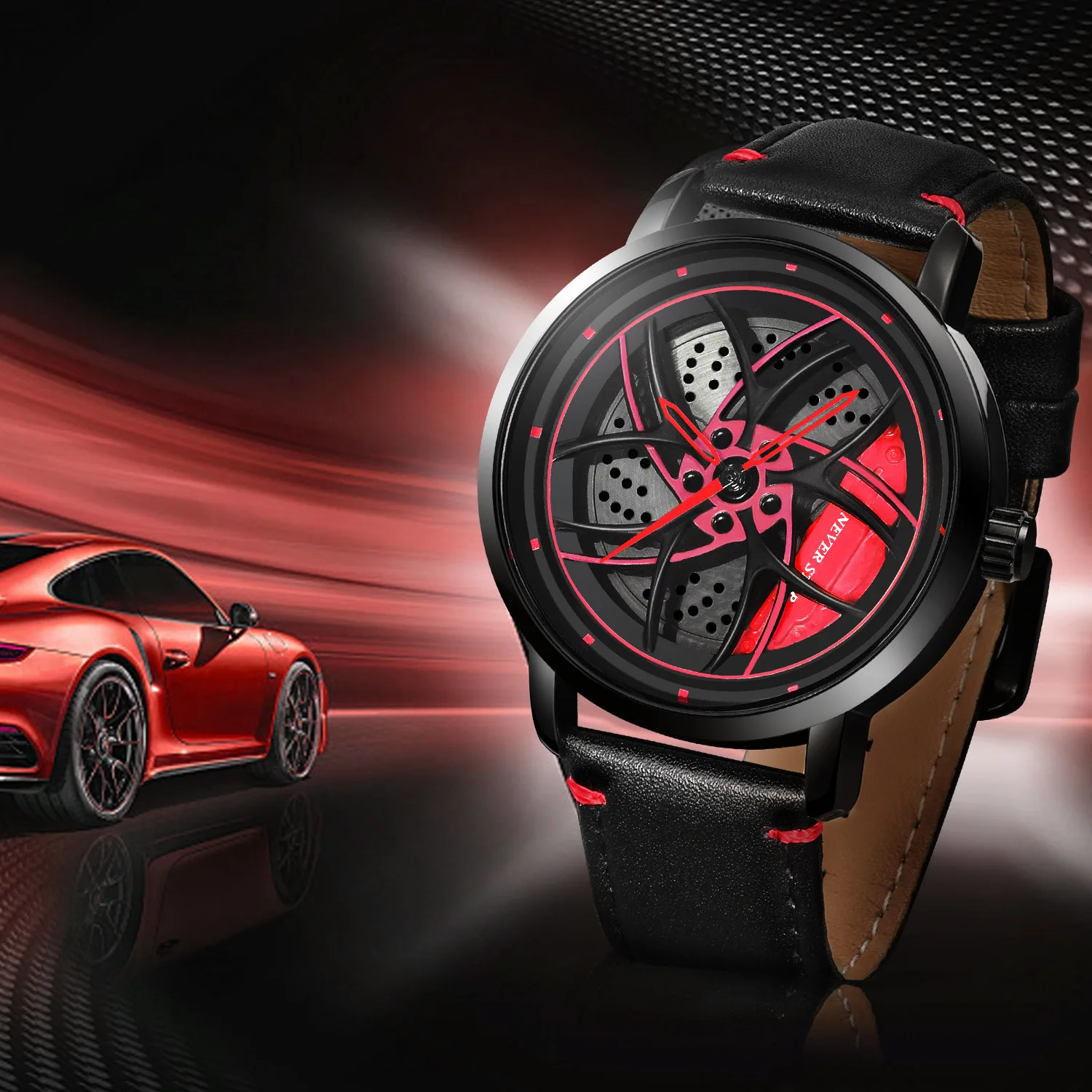 ساعة كوارتز بنمط رياضي للرجال مع حزام جلدي، قرص بتصميم عجلة قابل للدوران للمظهر المستوحى من السيارات