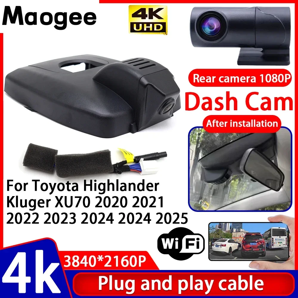 Grabadora de Video 4K UHD, Cámara DVR para Auto, Plug and Play, para Toyota Highlander Kluger XU70 2020 2021 2022 2023 2024 2025