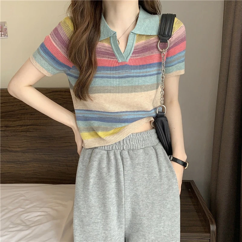 

Rainbow Summer Hit Color Striped Print Women Sexy V Neck Polo T Shirts Fashion Casual Harajuku Oversized Knitted Slim Tunic Tops