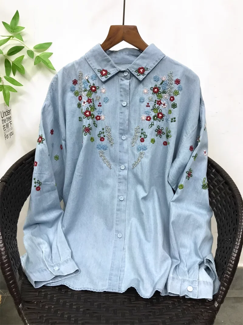 Mori kei clothing Japan style turndown collar cherry embroidery denim shirts and blouses for women long sleeve autumn jean shirt