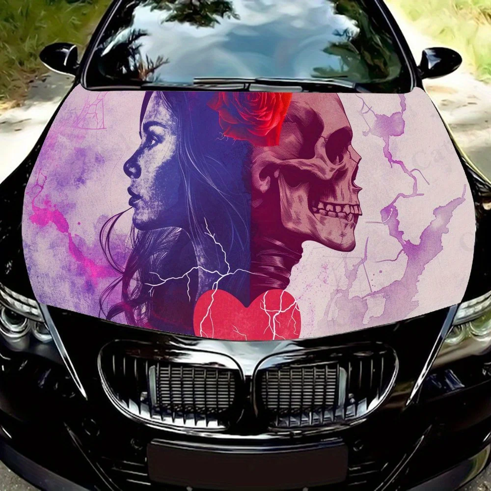 Gothic Skull and Rose Girl Car Engine Hood Sticker, Self Adhesive Waterproof and Anti-scratch Car Cover Vinyl Wraps Decal, Unive