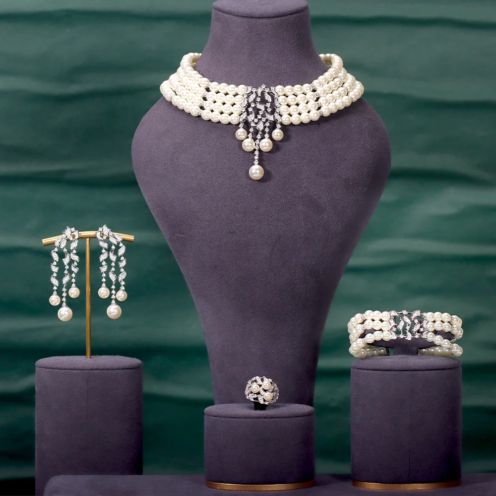 

Trendy Choker Imitation Pearl Choker Elegant Cubic Zirconia Necklace 4PCS High Quality Dubai Women Bride Wedding Jewelry