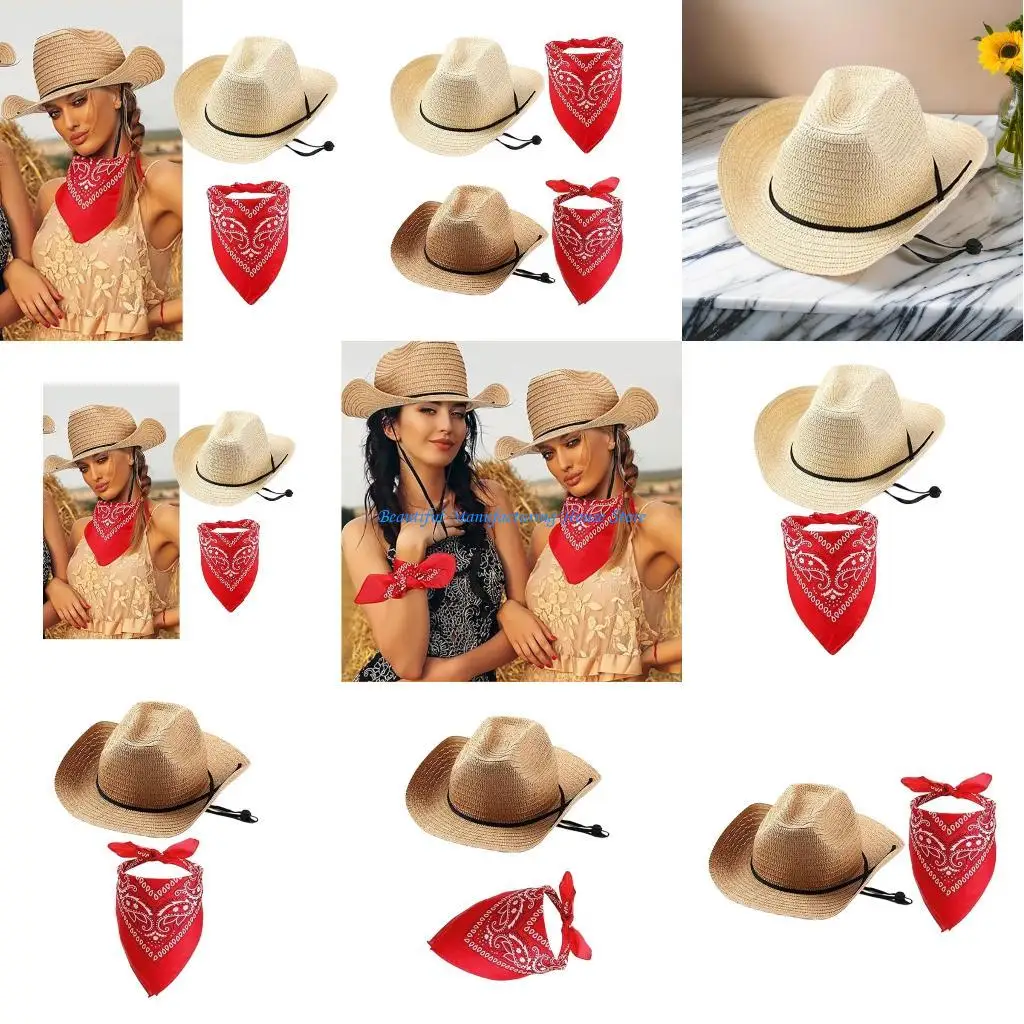 

E56A Vintage Straw Hat and Bandanas for All Gender Western Panama Hat Handwoven Straw Hat Beach Vacation Hat for Outdoor