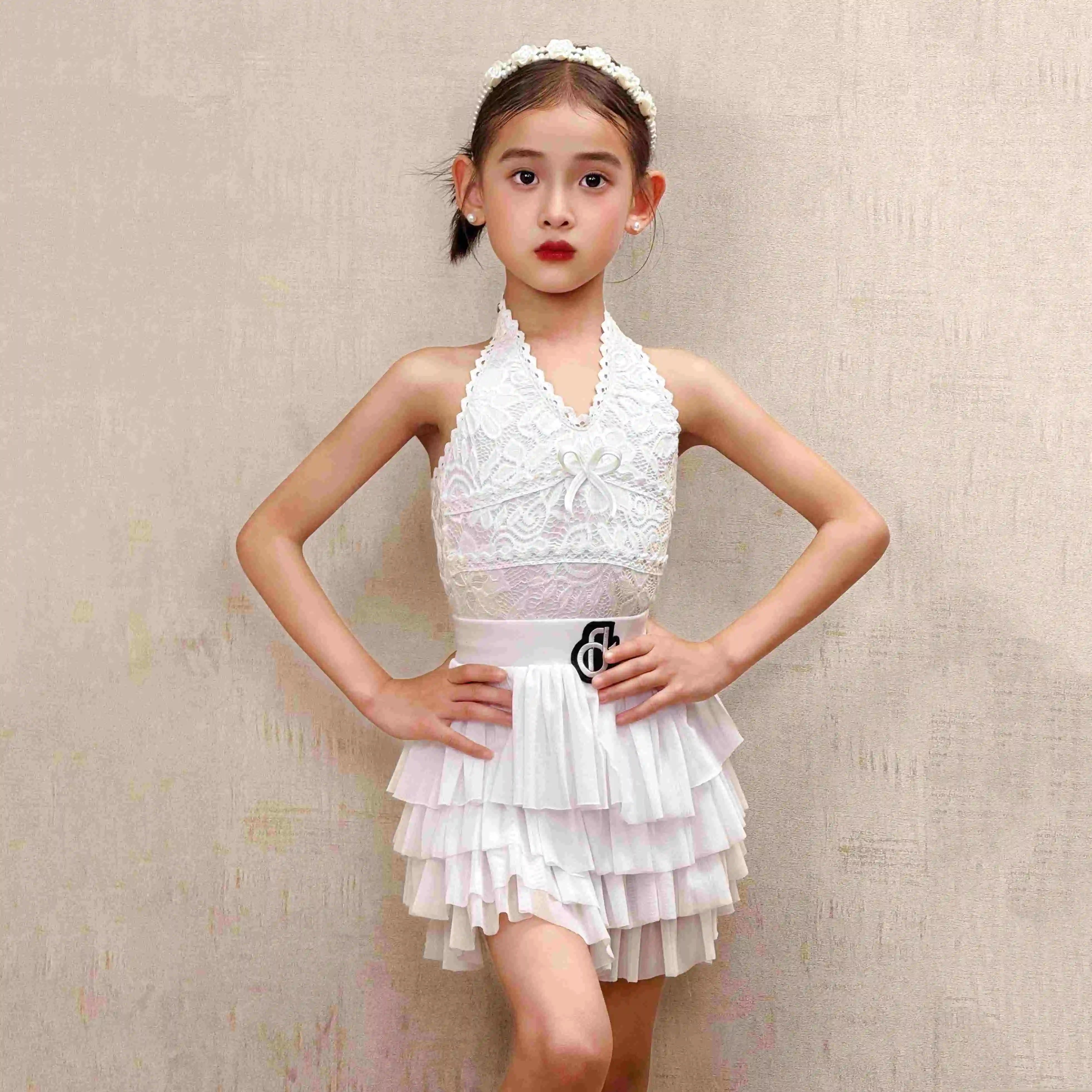 

White Latin Dance Dress For Girls Practice Clothing Halter Neck Lace Tops Cake Skirt Performance Suit Kids Cha Cha Dress NV23839