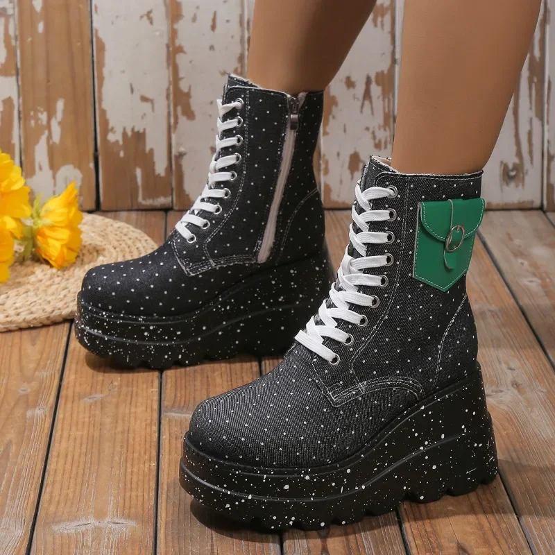 Spring New Round Head Mid-cylinder Canvas Platform Ankle Boots with Side Zipper Lace-up Fashion Boots