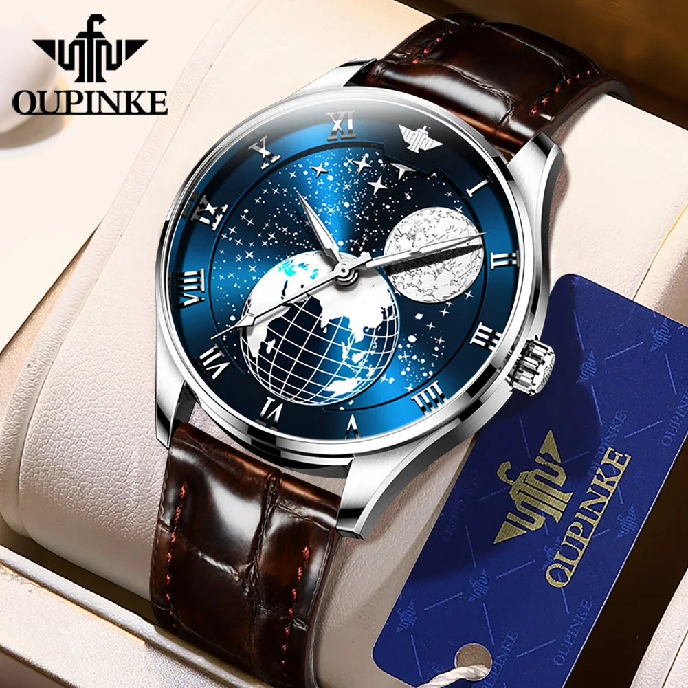 

OUPINKE Men's Watches Self-winding Moon Phase Luminous Leather Strap Automatic Mechanical Watch for Men Japanese Movement Watch