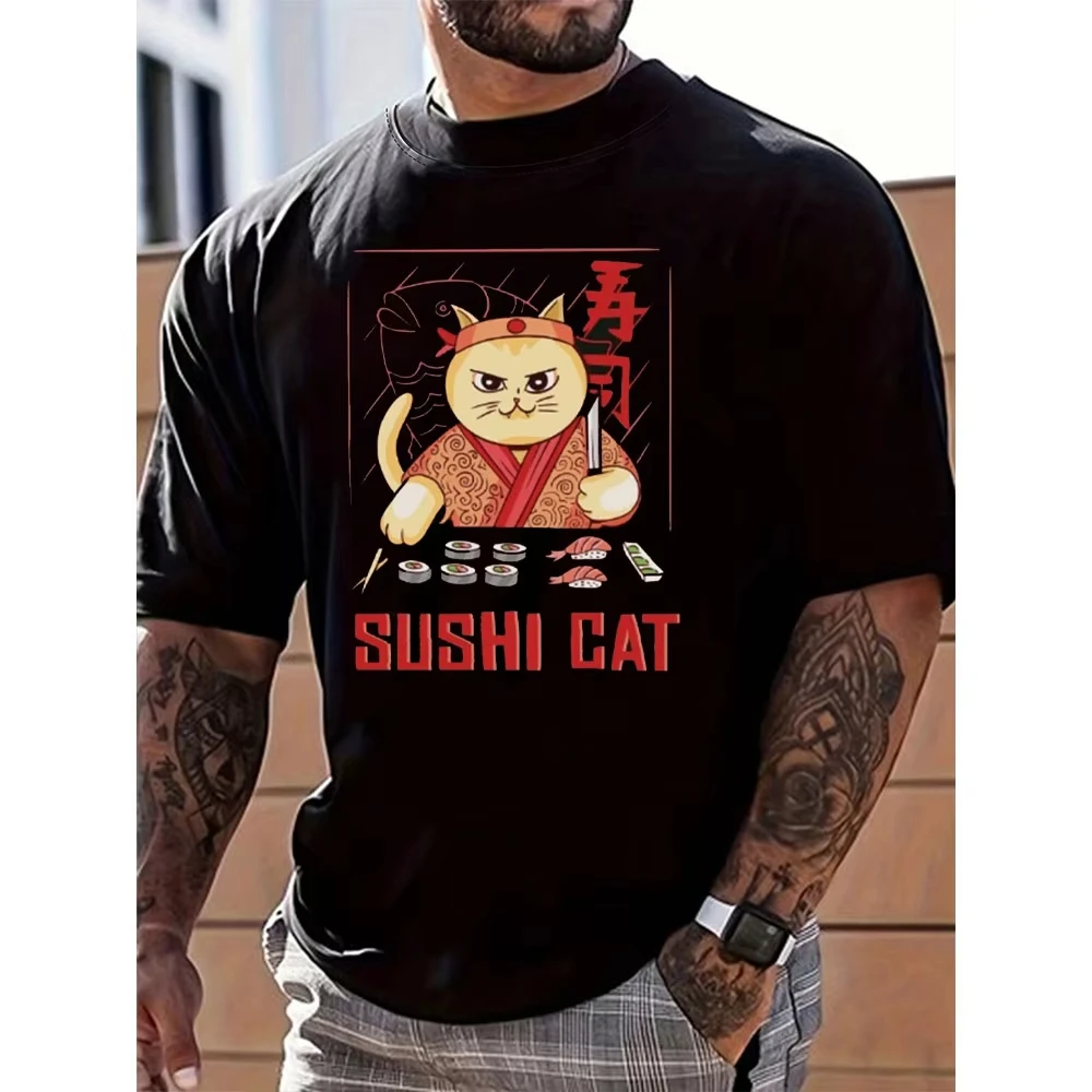 

Забавная суши-кошка, еда, рыба, шеф-повар, рубашка Cat Lover, японская мужская хлопковая футболка, модные футболки с круглым вырезом и коротким рукавом