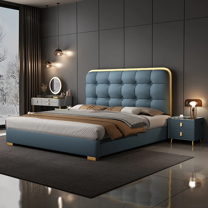 Modern Luxury Wood Box Bedroom Furniture Soft Up-holstered Beds   Super king Size Double Bed Frame Wooden Box Set Soft Design
