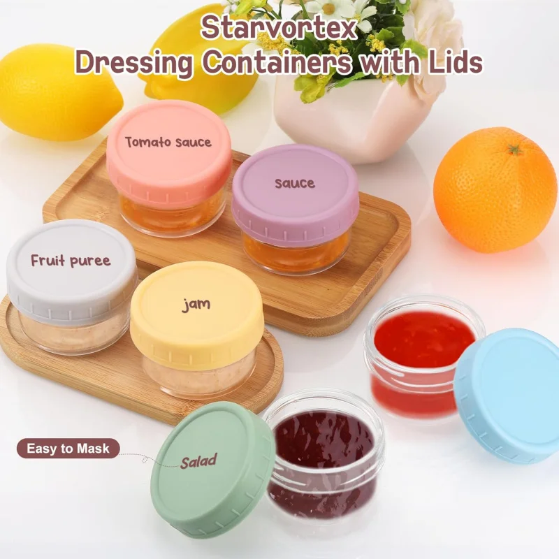 TOPLIVING 6 Stk Dressing Containers, 80ML Glass Small Jars with Round Lid, Meal Prep Jars, Leak-Proof Sauce Salad Dressing