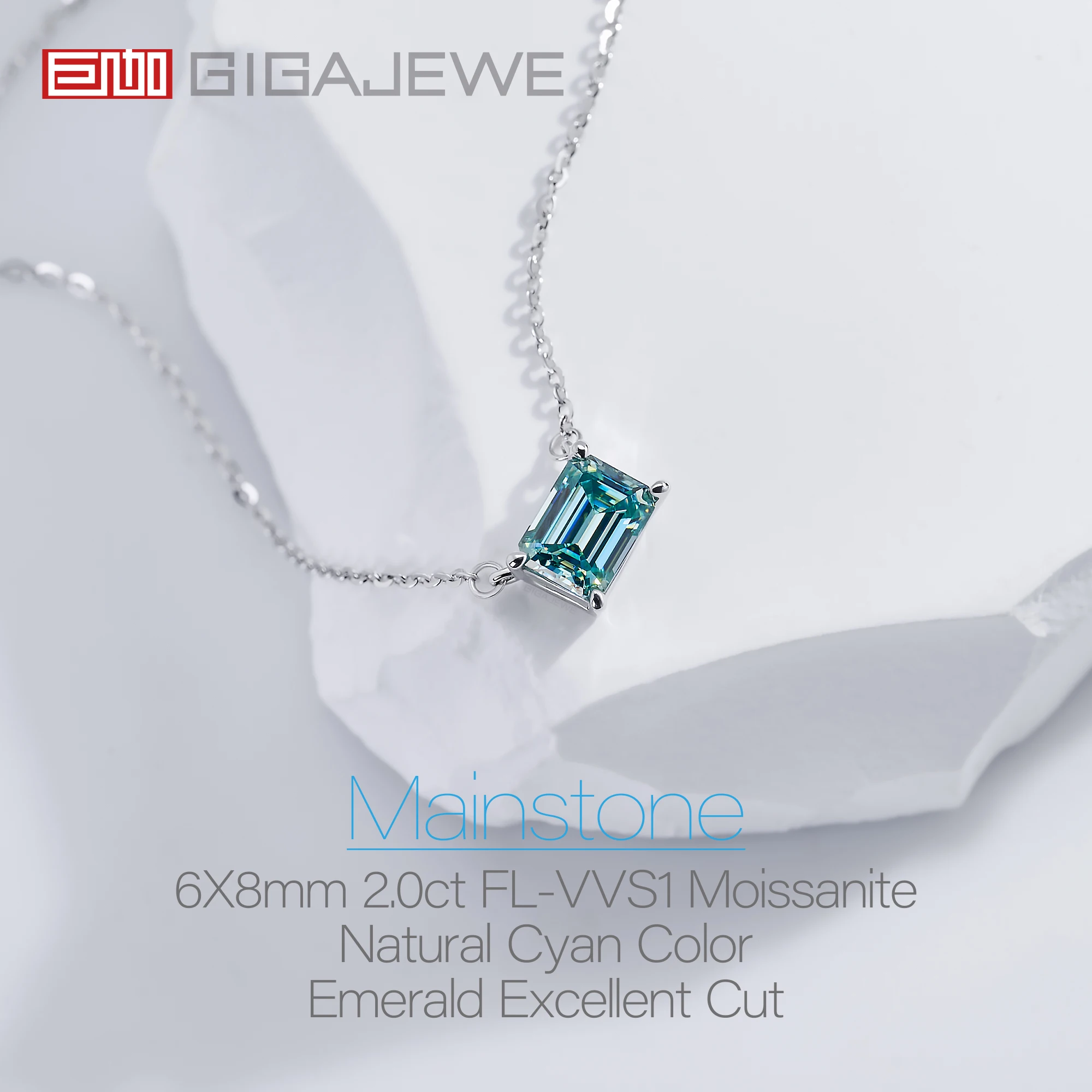 GIGAJEWE Moissanite Emerald Cut Natural Cyan Color 2.0ct 6X8mm 18K White Gold Plated Silver Engagement Necklace Woman Girl Gift