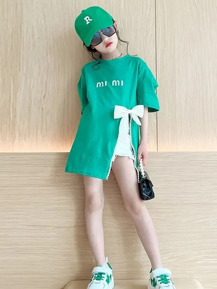 Girls Summer Svel T-irt Dr Loose Thin Korean Sle Split Casual Cotton Blend Top for Young Girls under 7