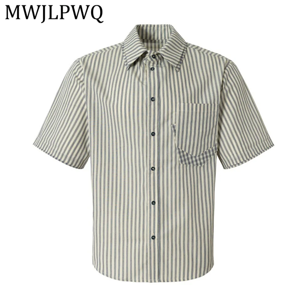 

MWJLPWQ Vertical Striped Short-Sleeve Shirts Men's Summer Faux Two-Piece Double-Layer Collar Irregular Pockets Unique Tops 14367