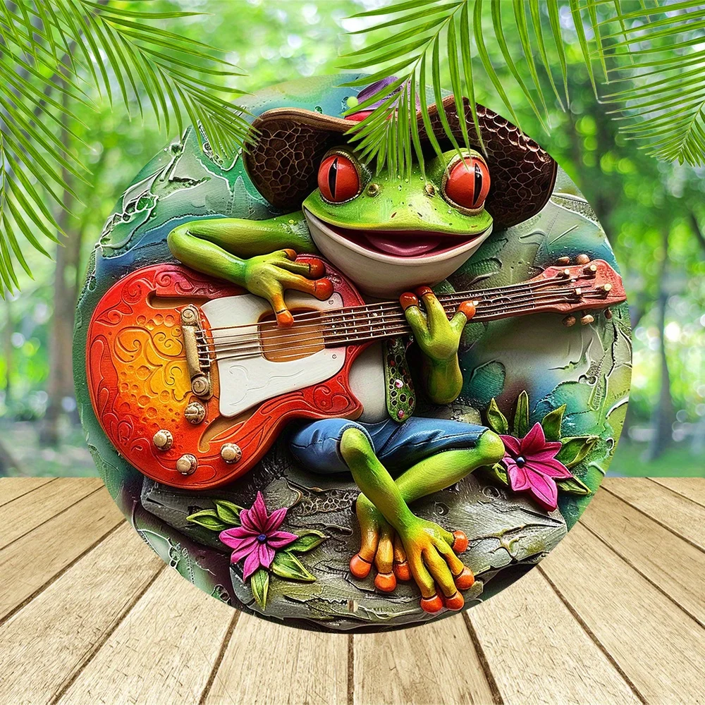 8x8 Inch Aluminum Cowboy Hat-Wearing Tree Frog Metal Sign, Embossed Painted Round Art for Garden, Bedroom