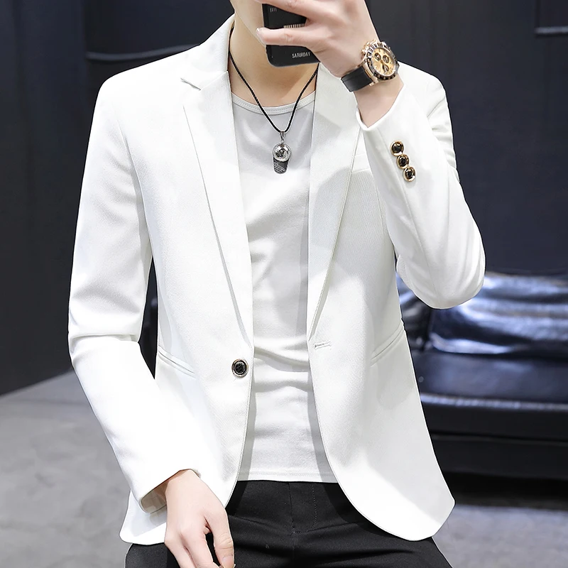 

White Casual Men's Suit Jaet Spring Autumn Youth Faion Urban Sle Long Sve Stand Fit Single Button Closure Pure Color