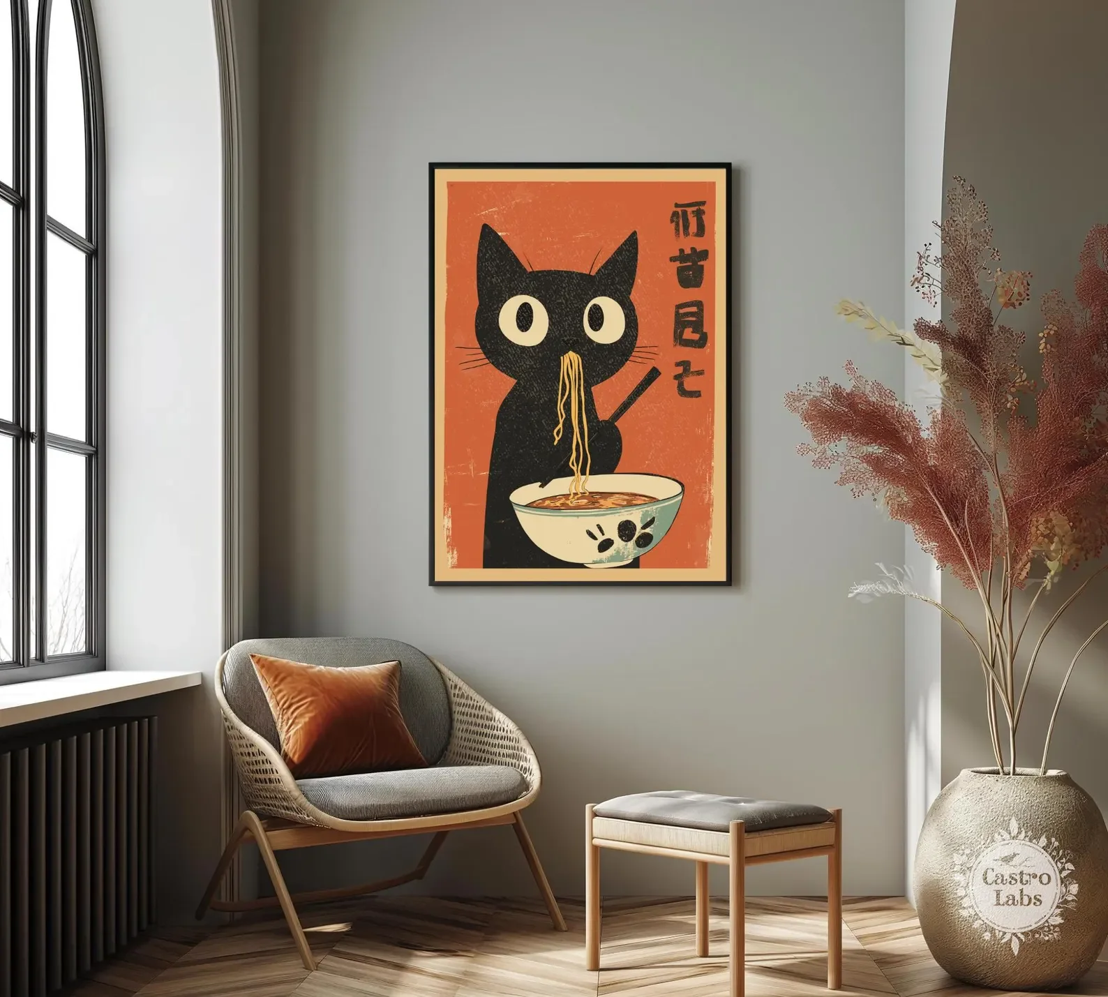 Hungry Black Cat Ramen Poster: Japanese Food Art Print ROOM HOUSE HOME DECORATION Gift Poster Retro Rodeo Art