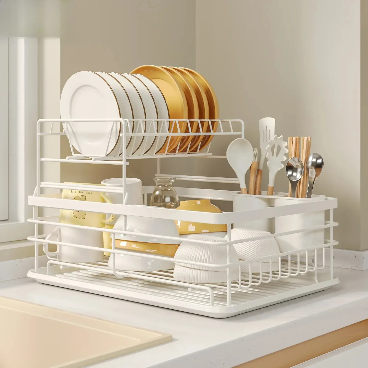 Kitchen Storage Rack Tableware Storage Drainage Rack Countertop Arrangement Double Layer Dish  Metal Storage Rack Organization