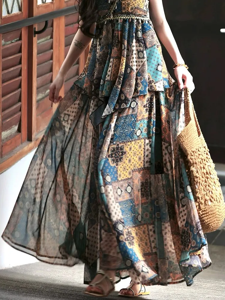 REDDACHiC Vrouwen Boho Print Top Rok Set Fringe Geweven V-hals Cami Elastische Taille Flowy Lange Rok Vakantie Retro Zomer Kleding