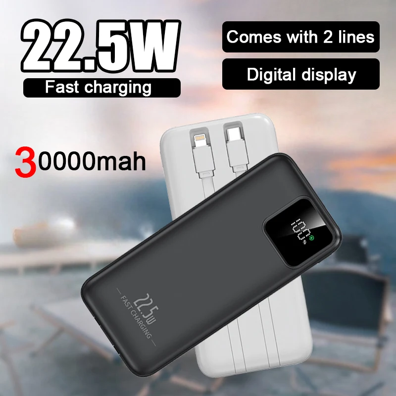 

Портативный внешний аккумулятор емкостью 22,5 Вт с быстрой зарядкой, внешний аккумулятор большой емкости 30000 мАч, встроенный кабель для IPhone, Samsung, Xiaomi, Huawei