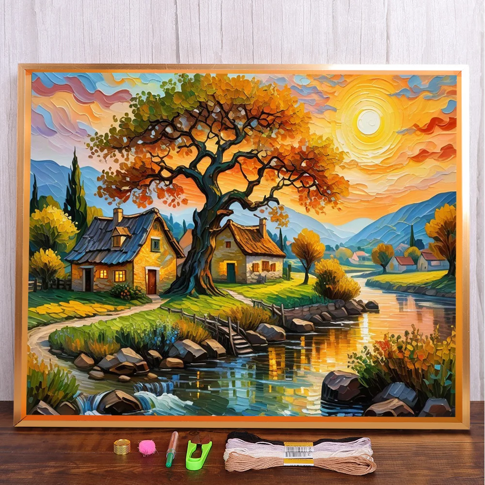 Landscape At Dusk Pre-Printed 11CT Cross Stitch Set Embroidery DMC Threads Craft Hobby Handicraft Handmade Package Floss Design