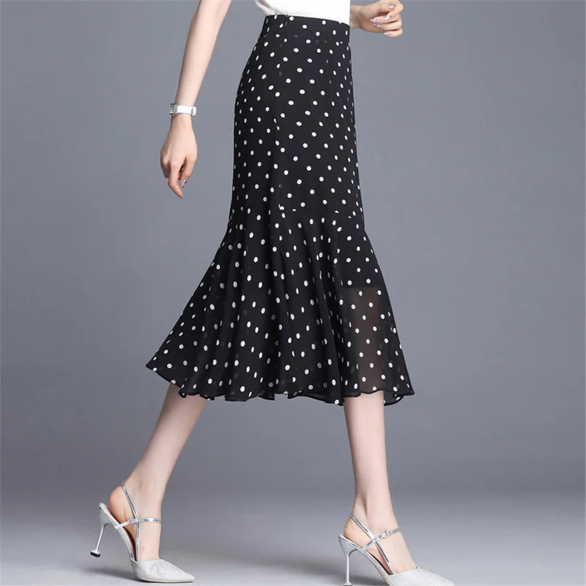 

Gowyimmes 2023 Summer Women Black Dot Skirt Elegant Lady High Waist Mermaid Skirts Slim Midi Long Hip Pakadge Ruffle Skirt 1540