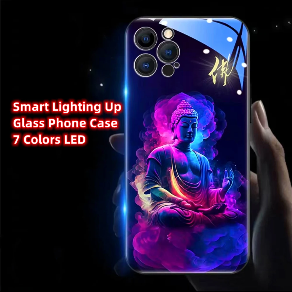 

Colorful Buddha Master Smart LED Light Glow Tempered Glass Phone Case For iPhone 16 15 14 13 12 11 Pro Max XR XS Plus SE2020