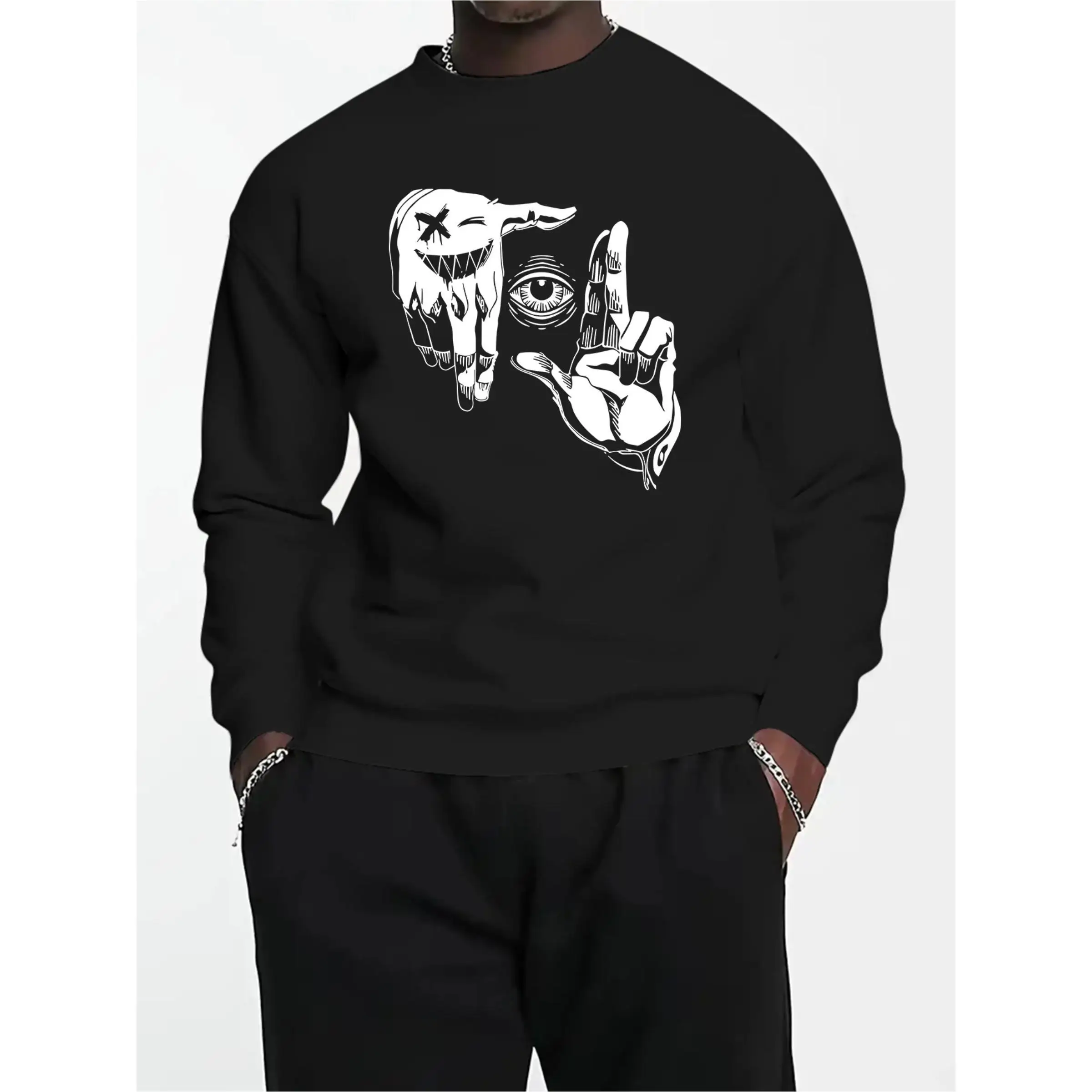 

Men's Streetwear Hand Eye Graphic Sweatshirt | Hip Hop Urban Dark Aesthetic Crewneck Pullover | LA Style Edgy Casual Jumper