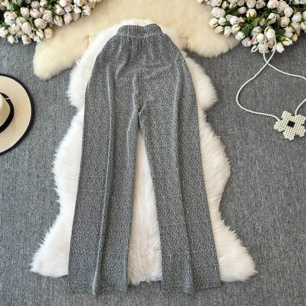 Noções básicas de cintura alta rendas strass solto calças largas perna moda streetwear high street feminino casual outono inverno roupas